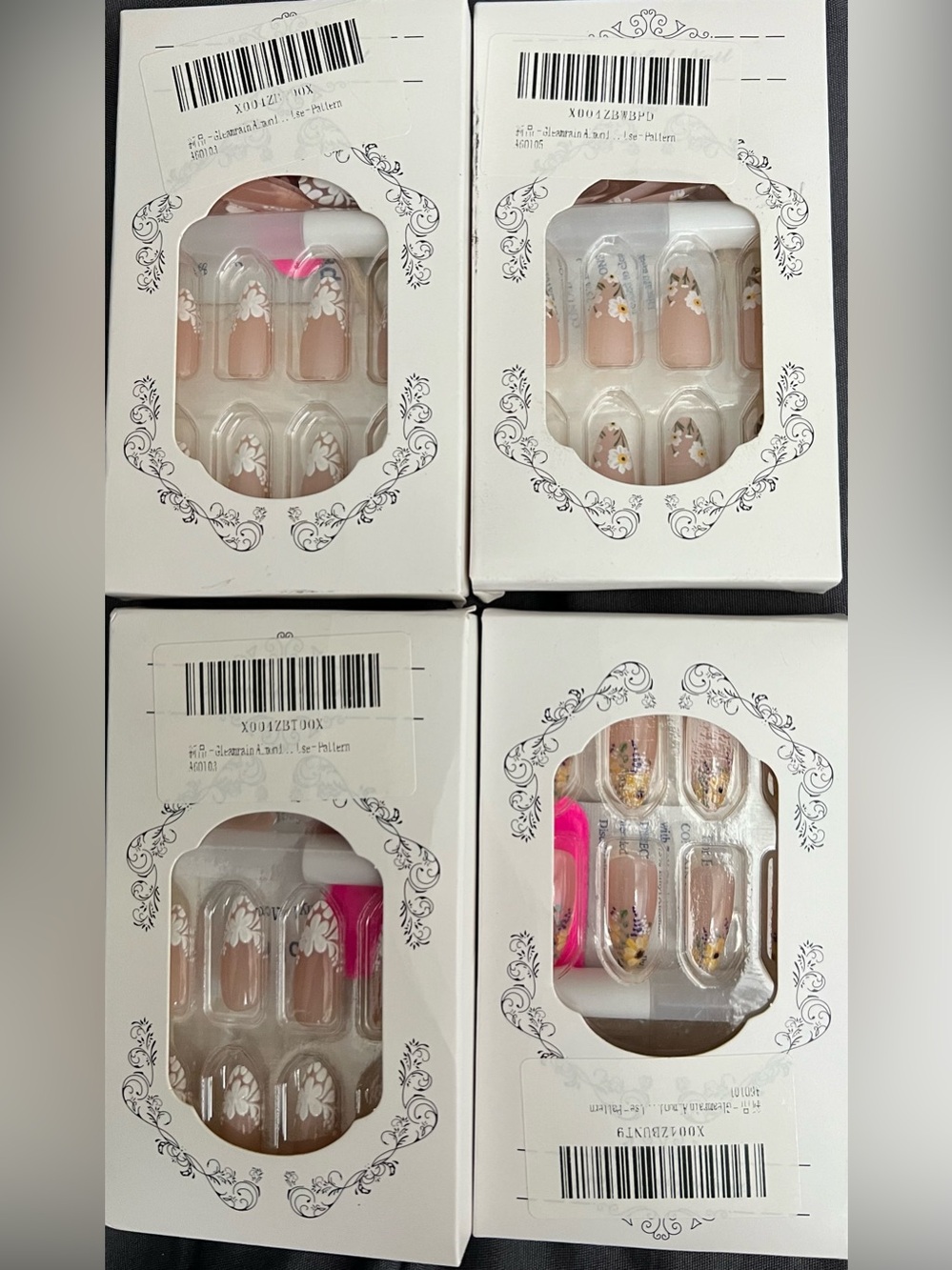 NIB 4 sets of Press-On Nails Set - Elegant Nude with White & Gold Accents